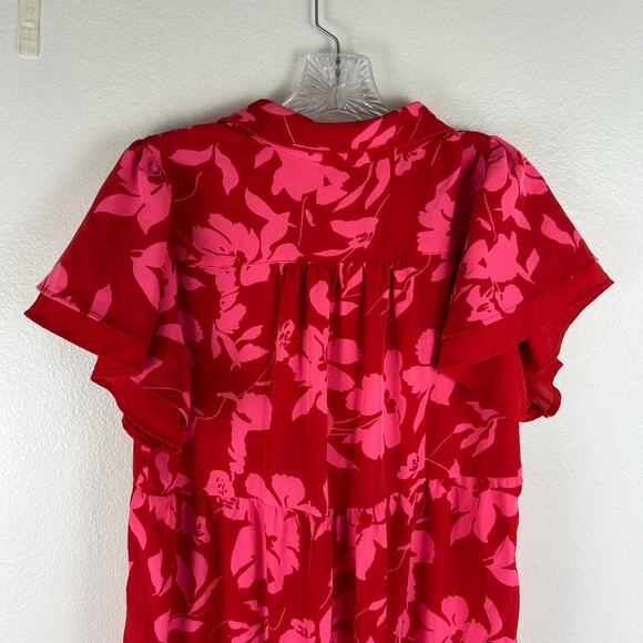 NEW Umgee Collared Tiered Midi Dress Size Small Red Pink Short Sleeve Split Neck - Picture 6 of 9